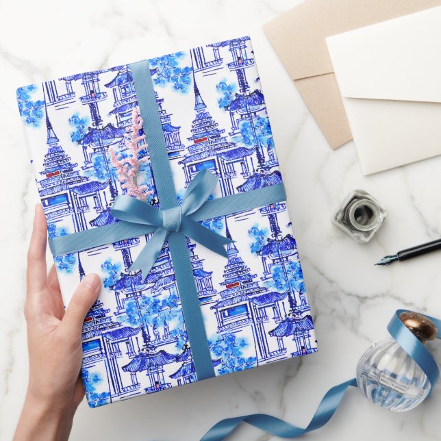 Watercolor Chinoiserie Blue Pagodas Presentpapper (Gifting)