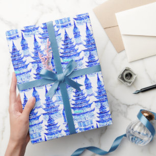 Watercolor Chinoiserie Blue Pagodas Presentpapper
