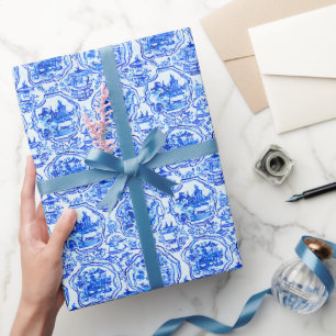 Watercolor Chinoiserie Blue Pagodas Presentpapper