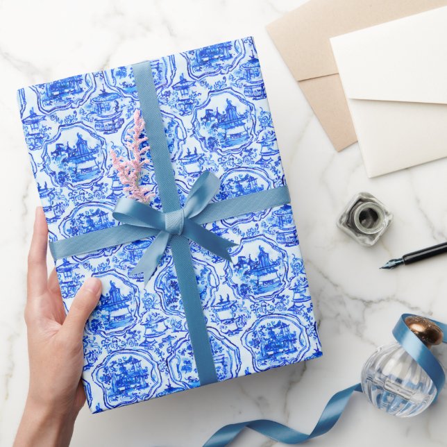 Watercolor Chinoiserie Blue Pagodas Presentpapper (Gifting)