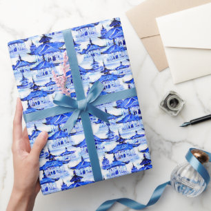 Watercolor Chinoiserie Blue Pagodas Presentpapper