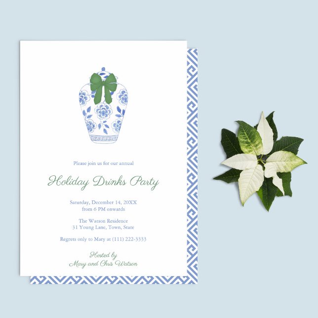 Watercolor Chinoiserie Chic Smart jul Party Inbjudningar (Blue And White Ginger Jar With Green bow hand painted watercolor holidays party invitation)