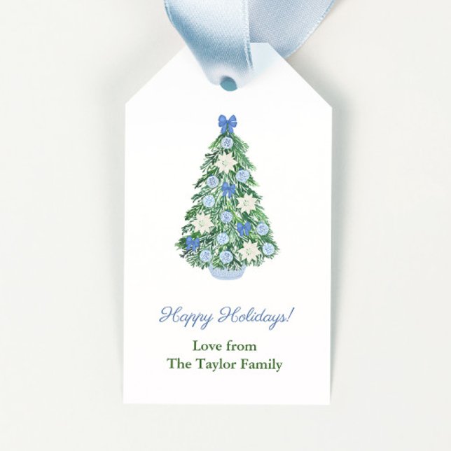 Watercolor Chinoiserie Chic Träd God jul Presentetikett (Christmas tree with maximalist ornate blue and white ornaments happy holidays gift tags)