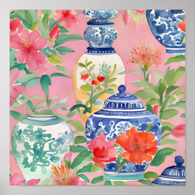 Watercolor Chinoiserie Ginger Burk & Flowers Poster (Framsidan)
