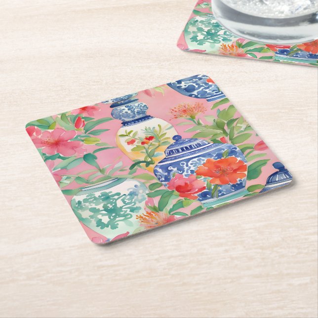 Watercolor Chinoiserie Ginger Burk & Flowers Underlägg Papper Kvadrat (Vinklad)