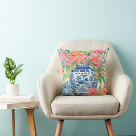 Watercolor Chinoiserie Ginger Burk i Flowers Kudde