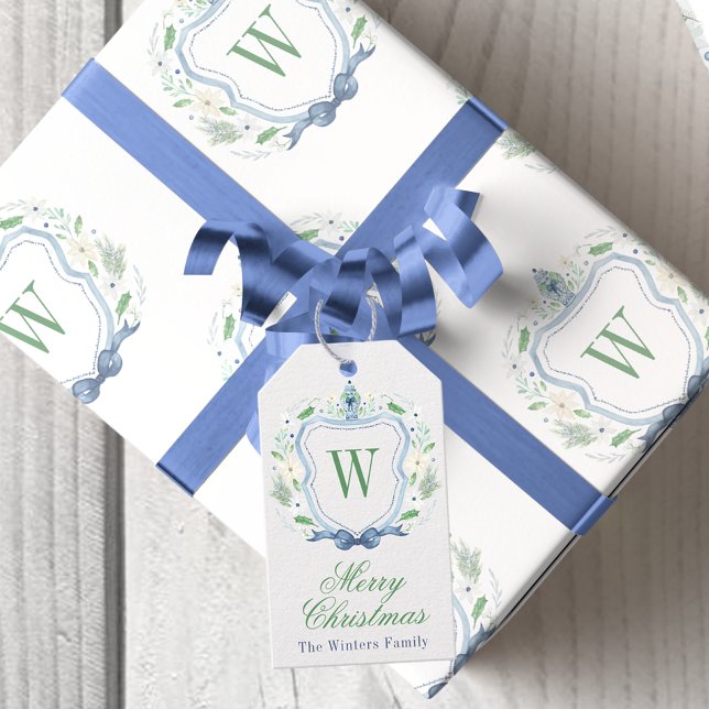 Watercolor Chinoiserie Ginger Burk Monogram Vapens Presentetikett (Watercolor Chinoiserie Blue Ginger Jar Monogram Crest Gift Tags)