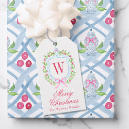Watercolor Chinoiserie Ginger Burk Monogram Vapens Presentetikett
