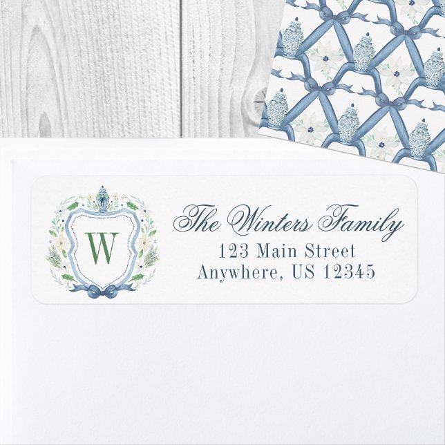 Watercolor Chinoiserie Ginger Burk Monogram Vapens Returadress Etikett (Skapare uppladdad)