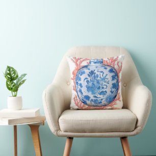 Watercolor Chinoiserie Ginger Burk och Coral Kudde