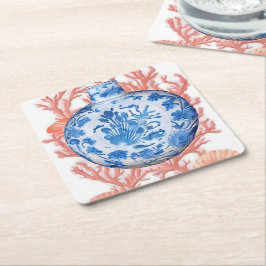 Watercolor Chinoiserie Ginger Burk och Coral Underlägg Papper Kvadrat