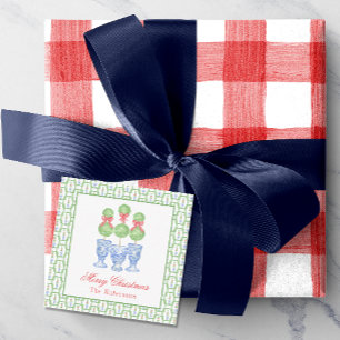 Watercolor Chinoiserie jul Bow Topiary Gift Anteckningskort