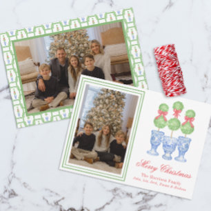 Watercolor Chinoiserie jul Bow Topiary Photo Julkort