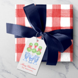 Watercolor Chinoiserie jul Bow Topiary Presentetikett