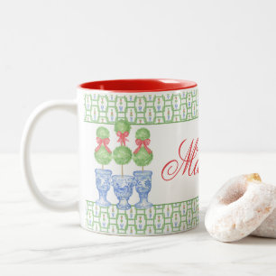 Watercolor Chinoiserie jul Bow Topiary Två-Tonad Mugg