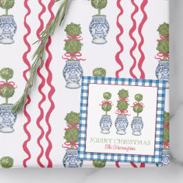 Watercolor Chinoiserie jul Red Bow Topiary Anteckningskort