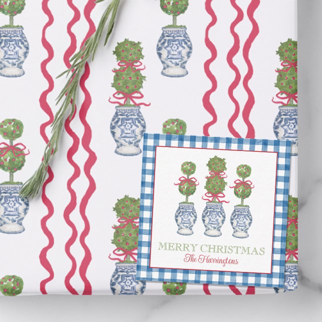Watercolor Chinoiserie jul Red Bow Topiary Anteckningskort (Skapare uppladdad)