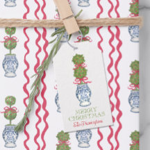 Watercolor Chinoiserie jul Red Bow Topiary