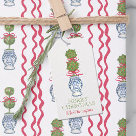 Watercolor Chinoiserie jul Red Bow Topiary Presentetikett