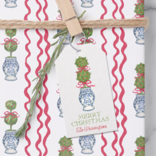 Watercolor Chinoiserie jul Red Bow Topiary Presentetikett
