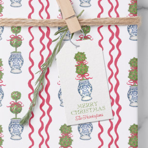 Watercolor Chinoiserie jul Red Bow Topiary Presentetikett