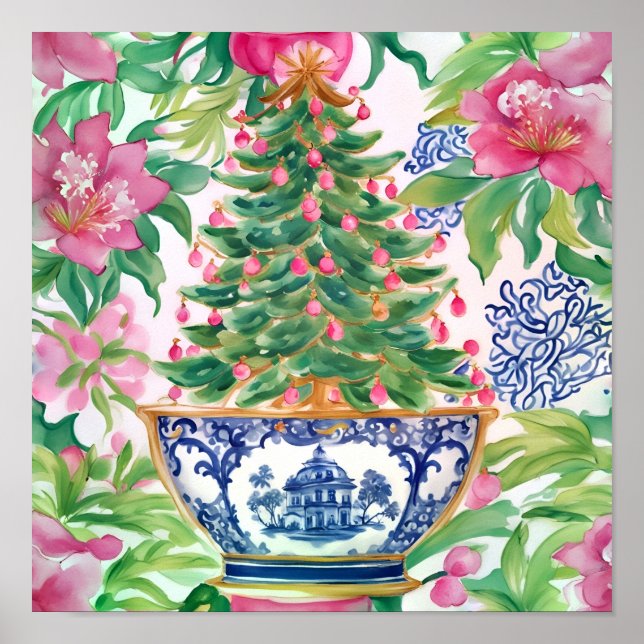 Watercolor Chinoiserie Julgran Poster (Framsidan)