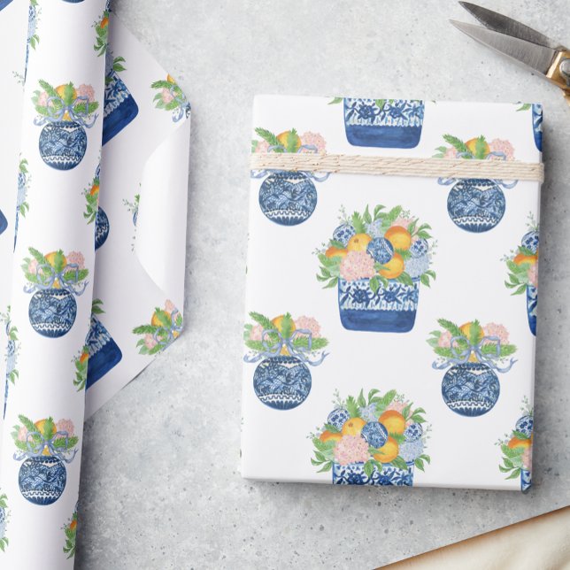Watercolor Chinoiserie Mandarins & Hydrangeas Presentpapper (Skapare uppladdad)