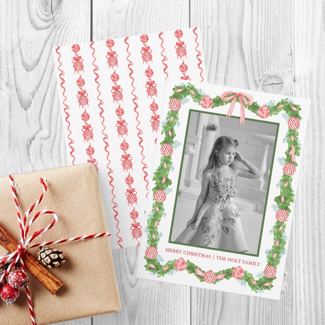 Watercolor Chinoiserie Ornaments Garland jul Julkort (Watercolor Chinoiserie Ornaments Garland Christmas Holiday Card)