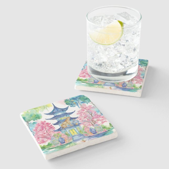 Watercolor Chinoiserie Pagoda Cheetah Ginger Burk Stenunderlägg (Sidan)