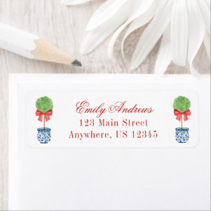 Watercolor Chinoiserie Red Bow Topiary Returadress Etikett