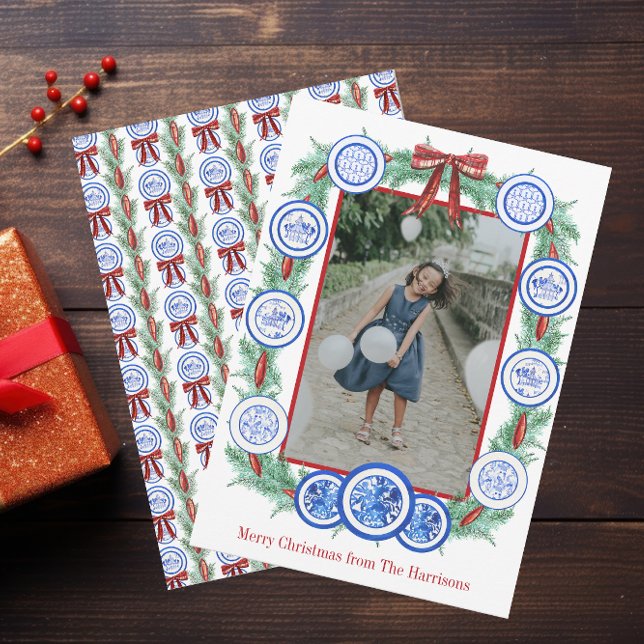 Watercolor Chinoiserie Tallrikar Garland jul Julkort (Skapare uppladdad)