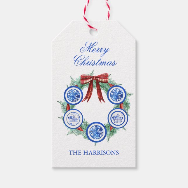 Watercolor Chinoiserie Tallrikar God jul Presentetikett (Framsidan)
