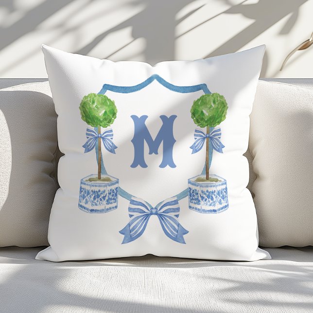 Watercolor Chinoiserie Topiary Monogram Vapensköld Kudde (Skapare uppladdad)