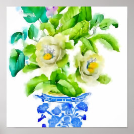 Watercolor Chinoiserie Vas med Flowers Poster