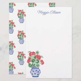 Watercolor Chinoiserie Vas, Red Geraniums Brevpapper