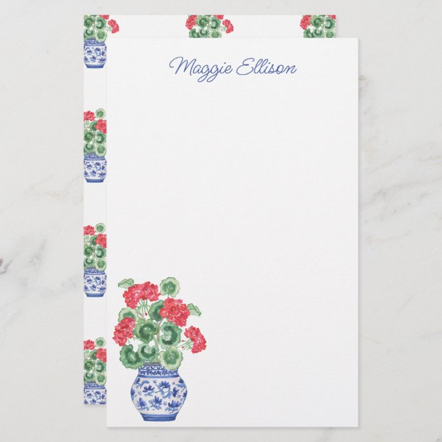 Watercolor Chinoiserie Vas, Red Geraniums Brevpapper (Fram/baksida)