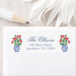 Watercolor Chinoiserie Vas, Red Geraniums Returadress Etikett