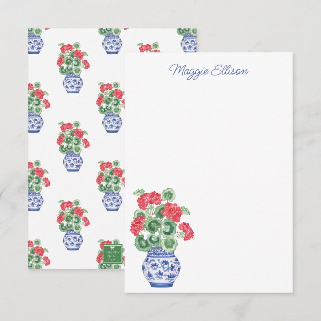 Watercolor Chinoiserie Vas, Red Geraniums Tack Kort (Fram/baksida)