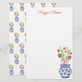 Watercolor Chinoiserie Vas, Red Strawbär Brevpapper
