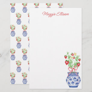 Watercolor Chinoiserie Vas, Red Strawbär Brevpapper