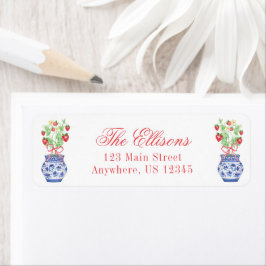 Watercolor Chinoiserie Vas, Red Strawbär Returadress Etikett