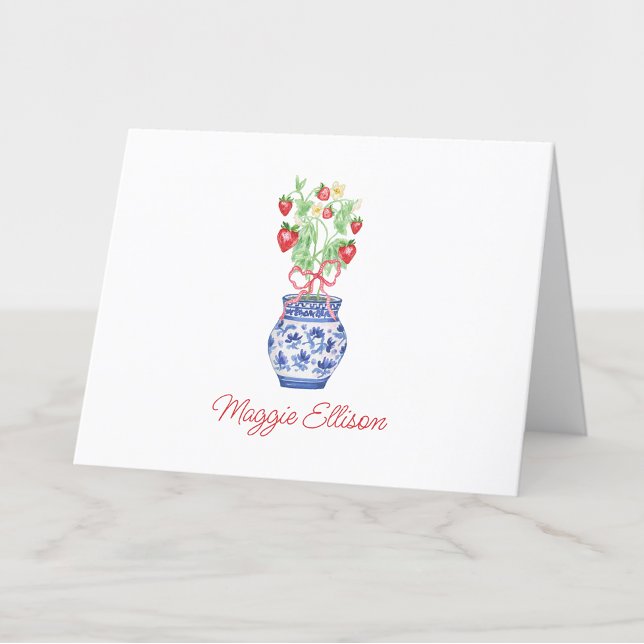 Watercolor Chinoiserie Vas, Red Strawbär Tack Kort (Skapare uppladdad)