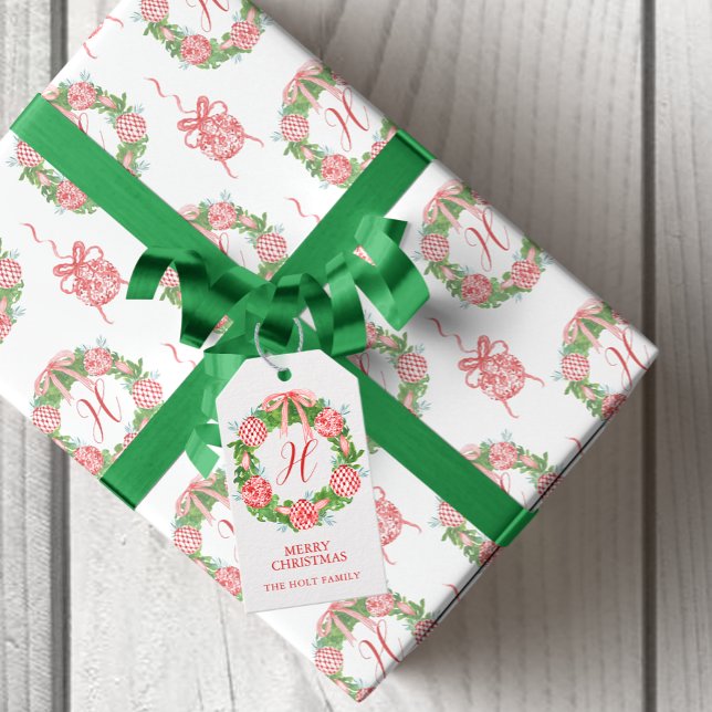 Watercolor Chinoiserie Wandee Monogram jul Presentetikett (Watercolor Chinoiserie Wreath Monogram Christmas Gift Tags)