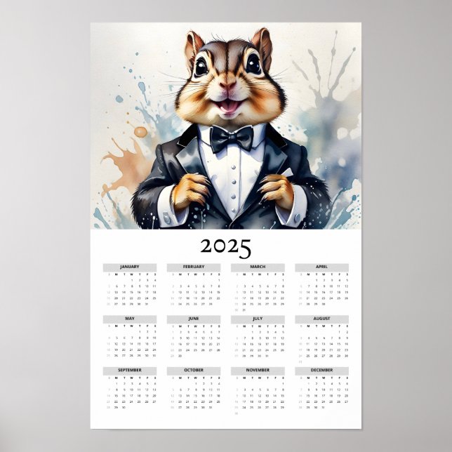 Watercolor Chipmunk Wearing Tux 2025 Wall Calendar Poster (Framsidan)