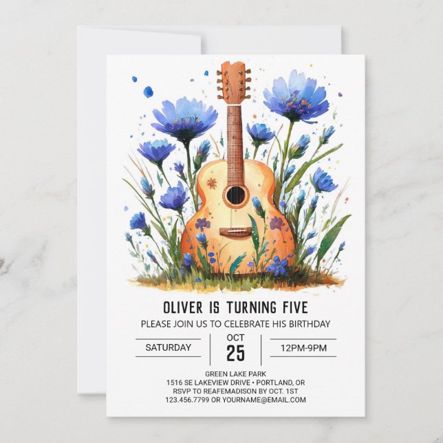 Watercolor Chord Guitar Boy Birthday Inbjudningar (Framsida)