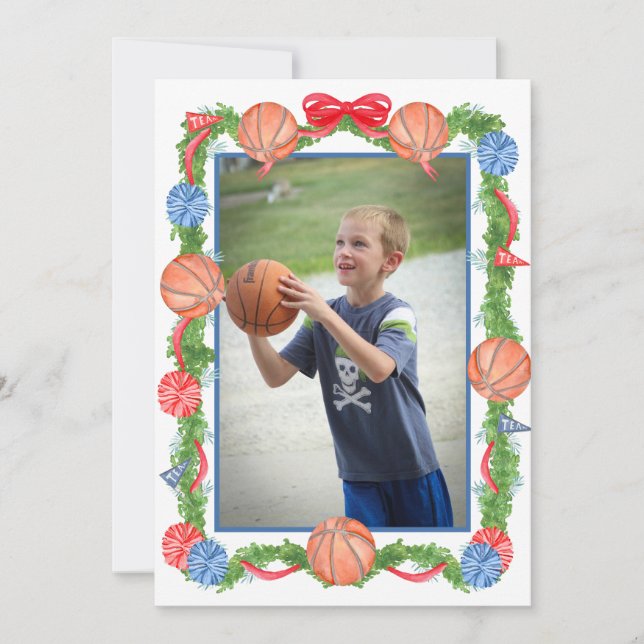 Watercolor Christmas Basketball Garland Photo Julkort (Framsida)