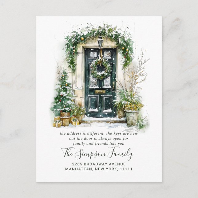 Watercolor Christmas Door  Moving Announcement Vykort (Framsida)