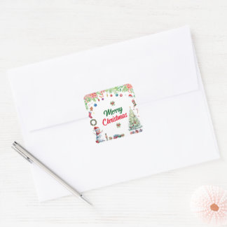 Watercolor Christmas Holiday Fyrkantigt Klistermärke