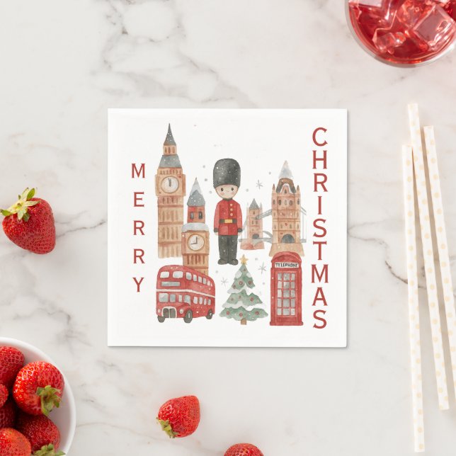 Watercolor Christmas in London Red Bus, Big Ben Pappersservett (Insitu)
