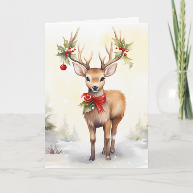 Watercolor Christmas Reindeer Helgkort (Framsida)